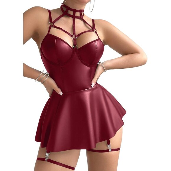 Women Wine Red Strappy Leather Underwire Choker Garter Belt Lingerie Set Dress - Picture 3 of 6
